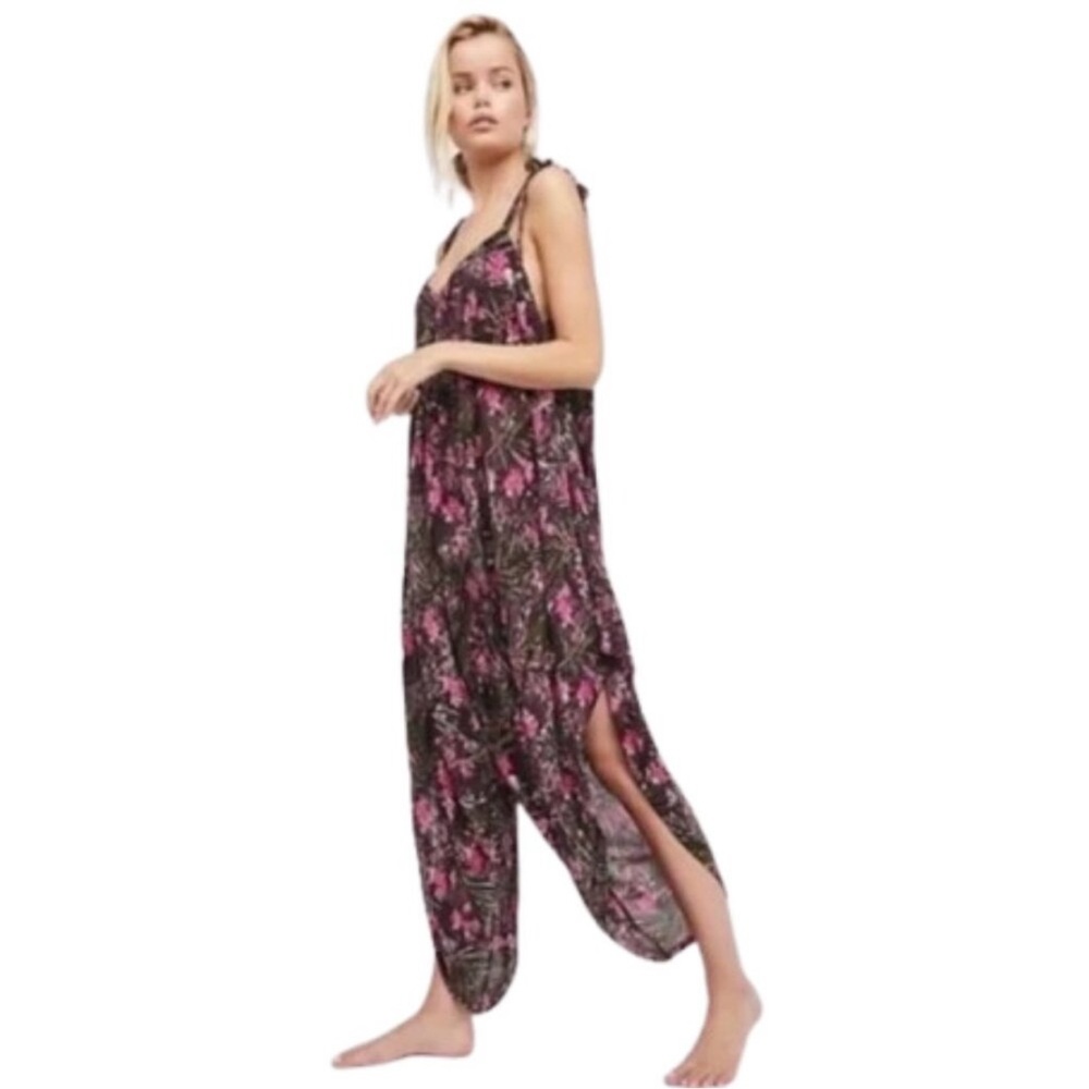 Free People El Porto Romper Harem Shoulder Tie Jumpsuit in Raspberry
